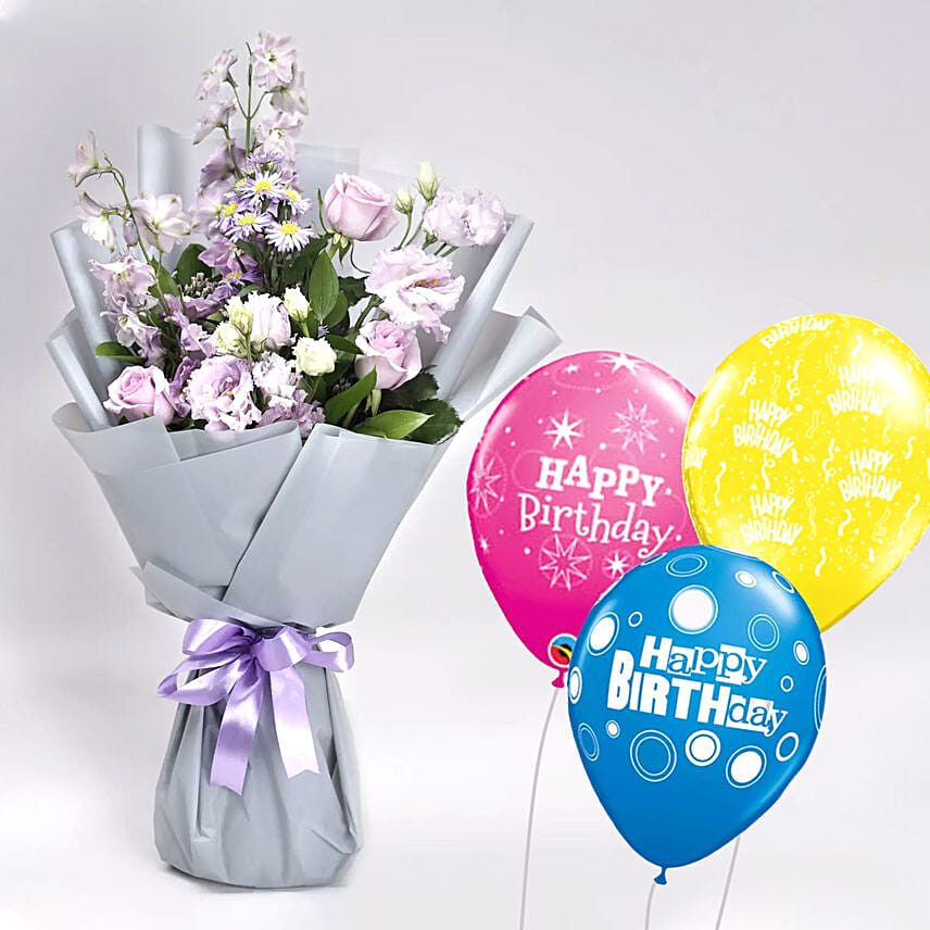 Gorgeous Bouquet of Mixed Flowers With Birthday Balloons