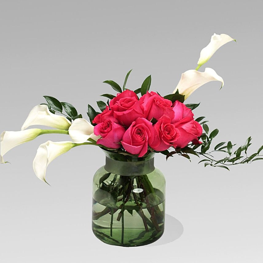 Lilies & Roses In Green Glass Vase