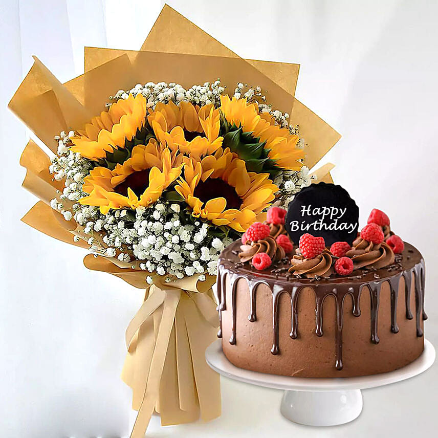 Ravishing Sunflowers Bouquet Beautifully Tied With Chocolate Cake
