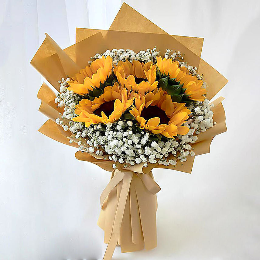 Ravishing Sunflowers Bouquet Beautifully Tied