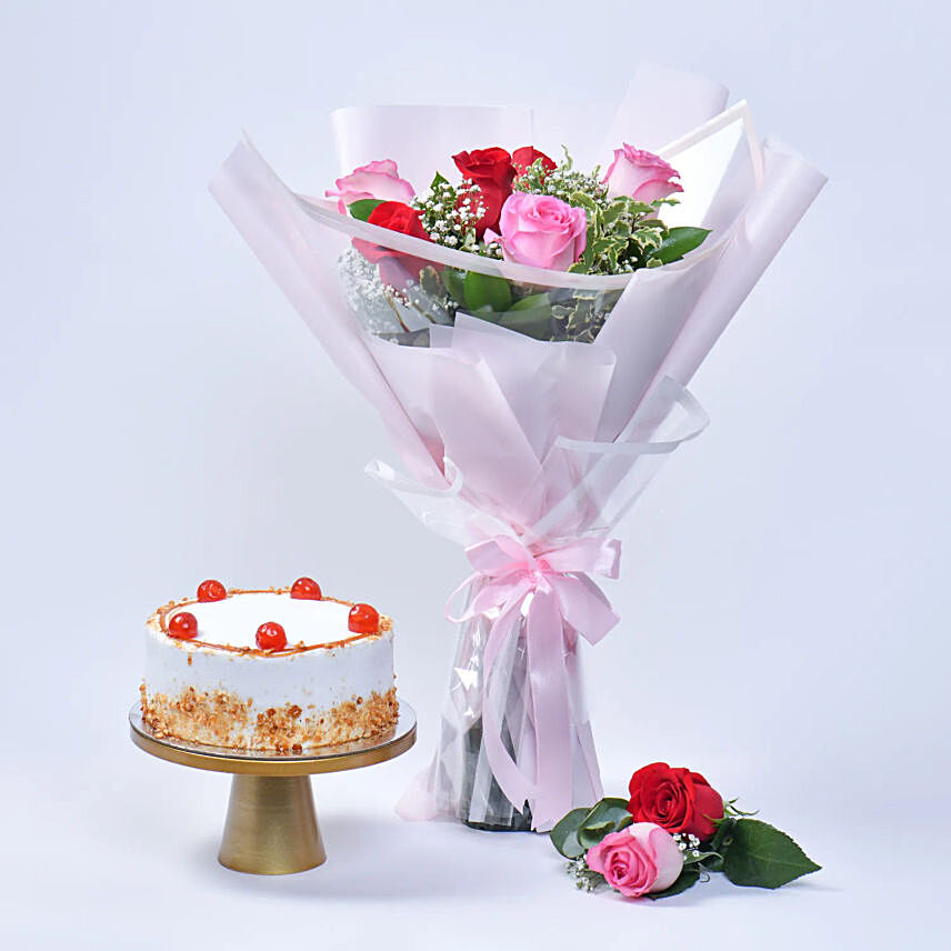 Delightful Roses Bouquet With Butterscotch Cake