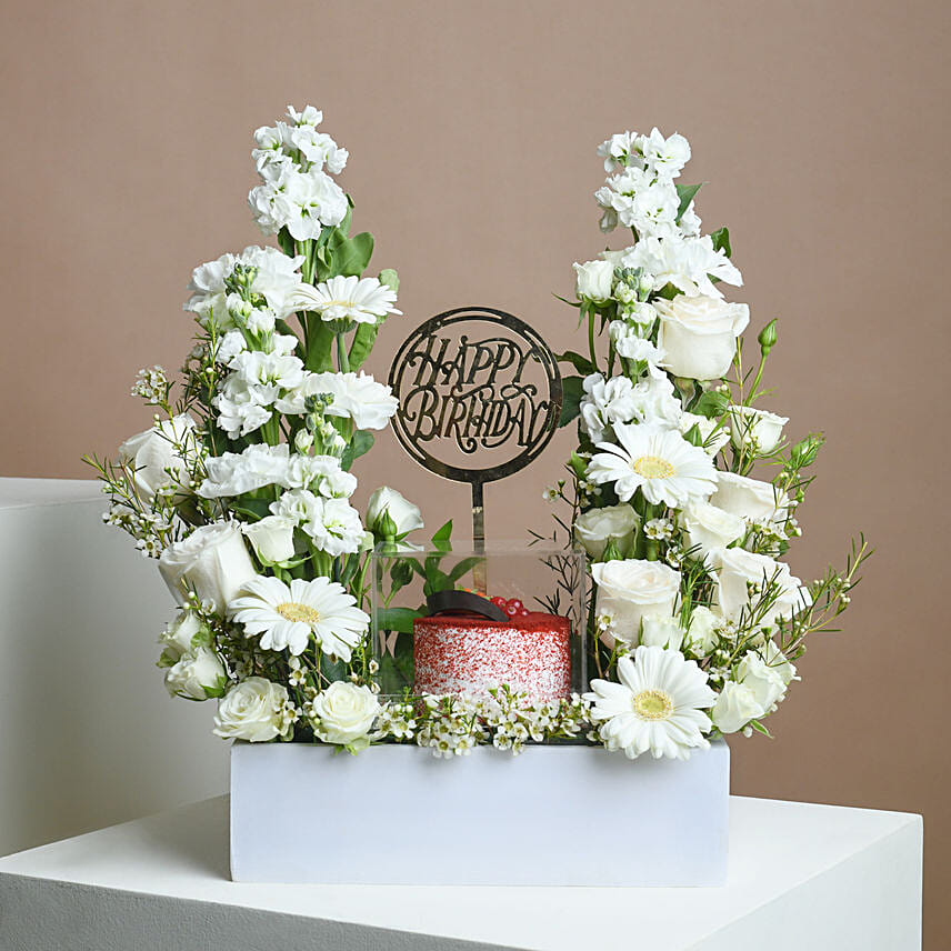 Birthday Flower Arrangement with Cake