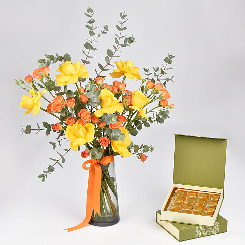 Orange and Yellow Roses and Chocolate Box