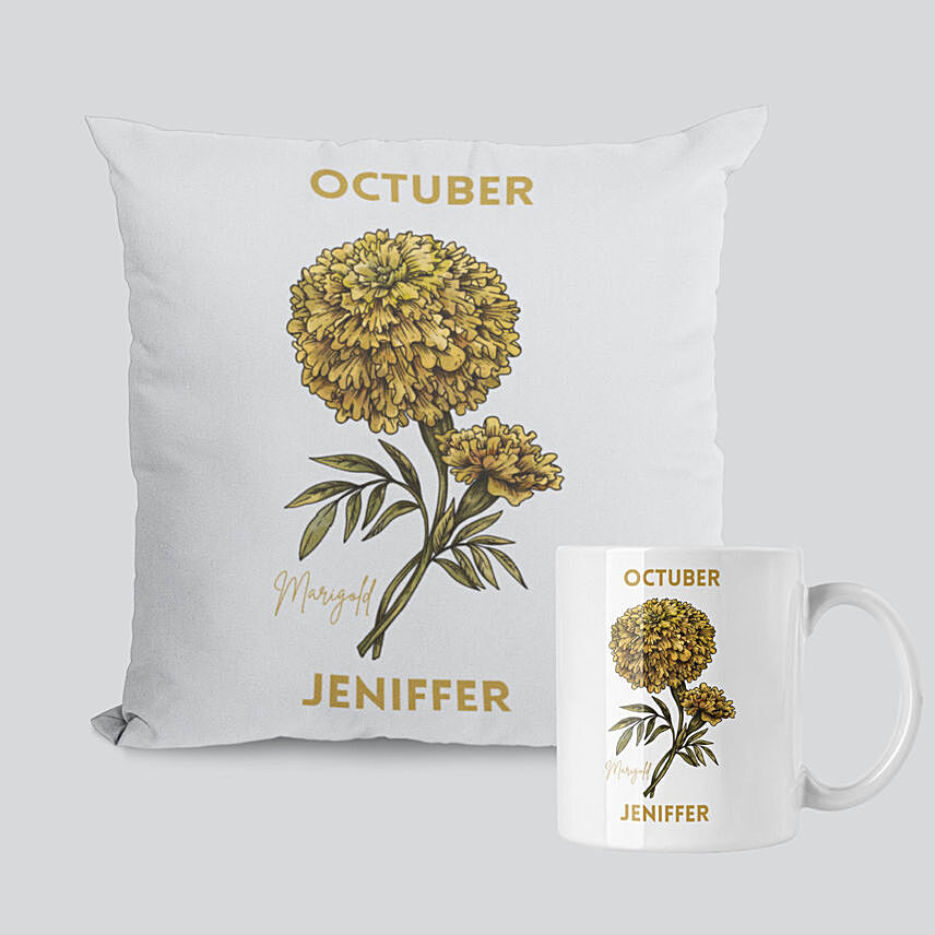 Personalised October Mug And Cushion Yellow Marigold