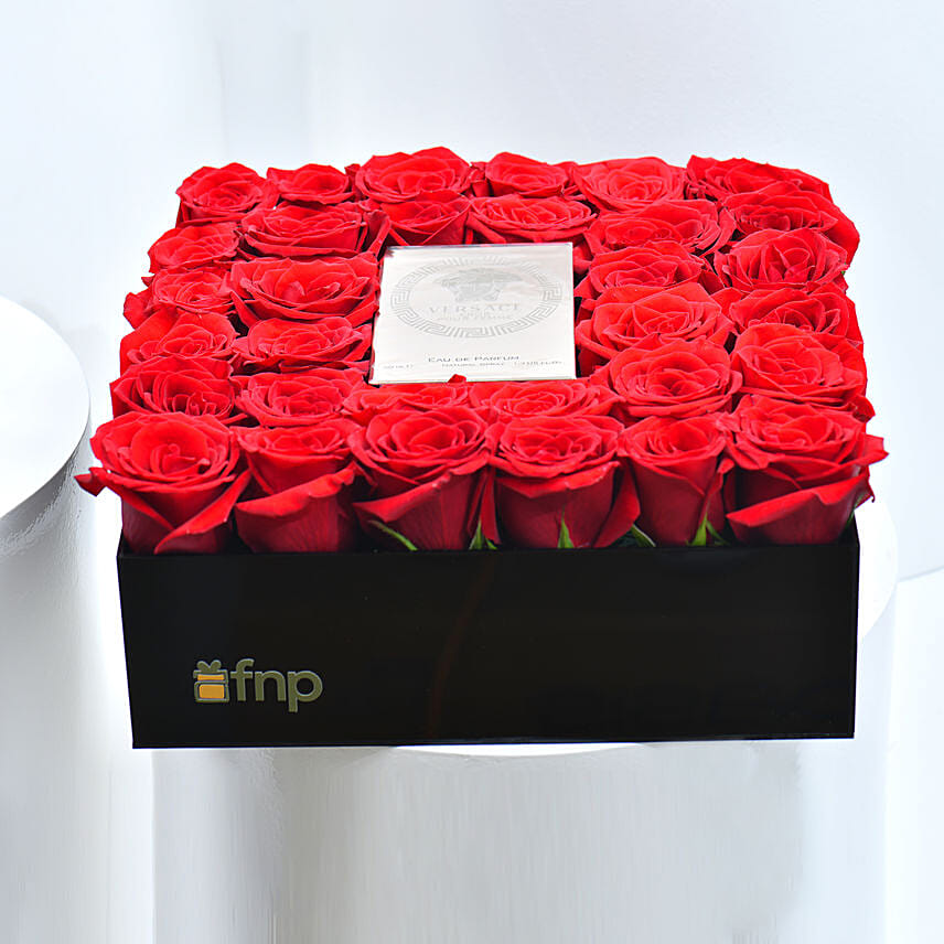 Arrangement of Red Roses and Versace Perfume