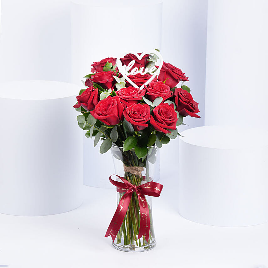 Red Roses With Love Topper In Glass Vase