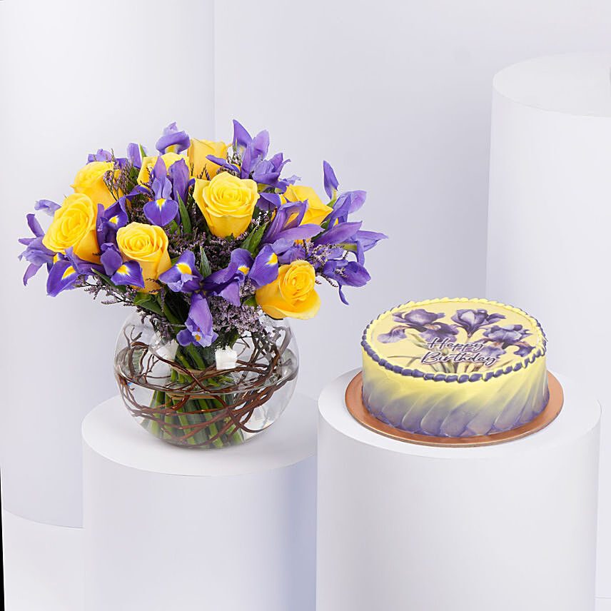 IRIS Flowers and Birthday Chocolate Cake