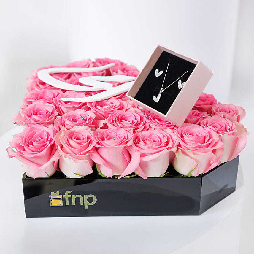 Beautiful Pink Roses Arrangement and Jewelry for Mom