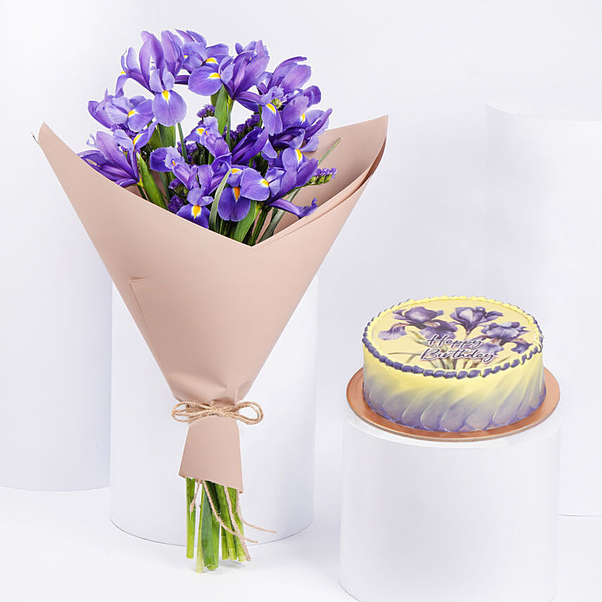 February Birthday Iris Bouquet and Cake Combo