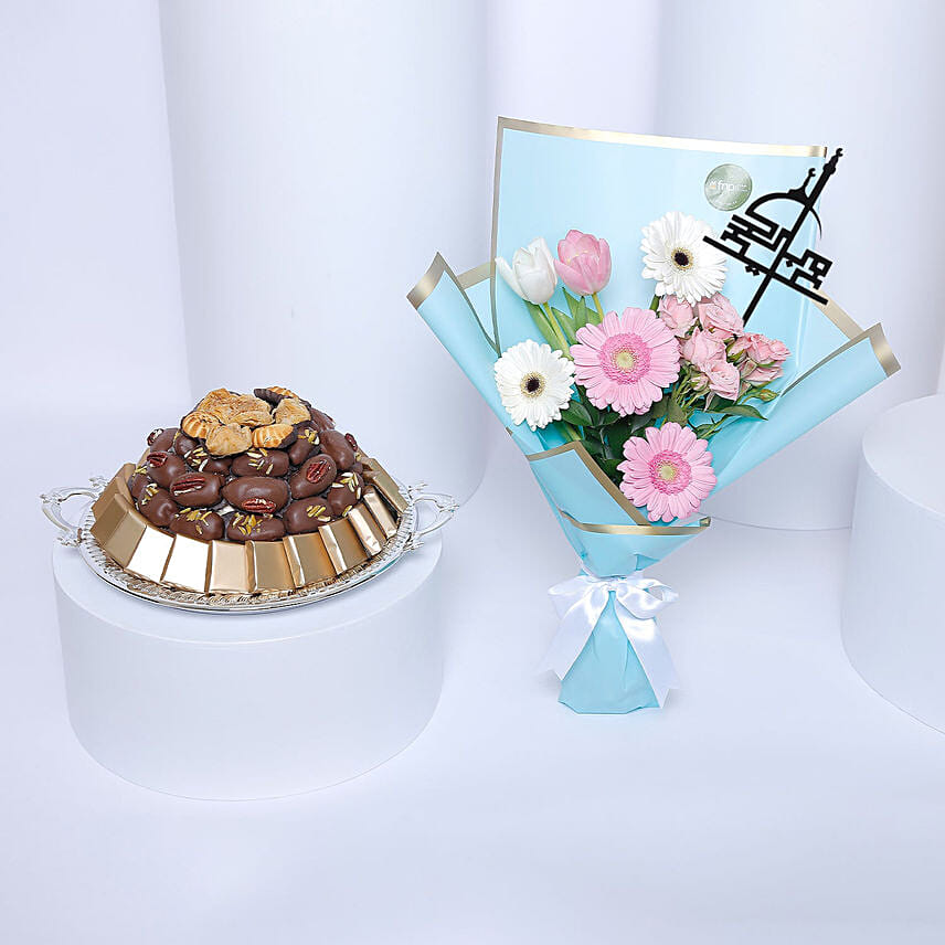 Eid Mubarak Flower Bouquet N Sweets Arranged In Tray