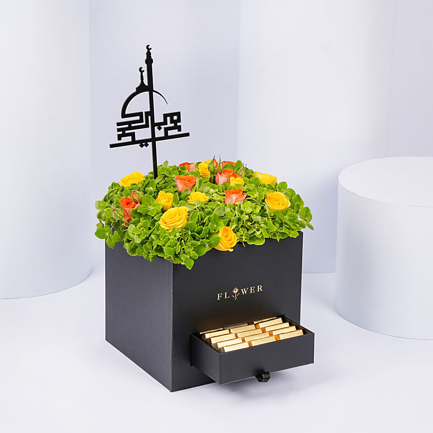 Green Hydrangea & Chocolate Arrangement Box | Eid Mubarak