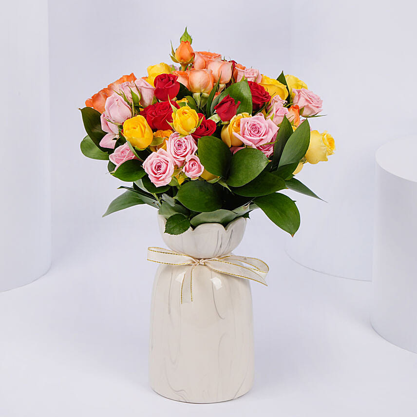 Mixed Color Baby Roses Vase Arrangement