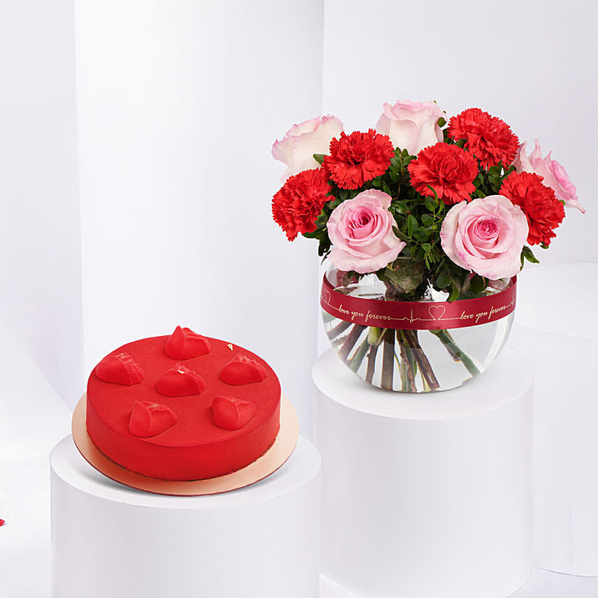 Roses & Carnation Love Arrangement | Chocolate Cake 500gm