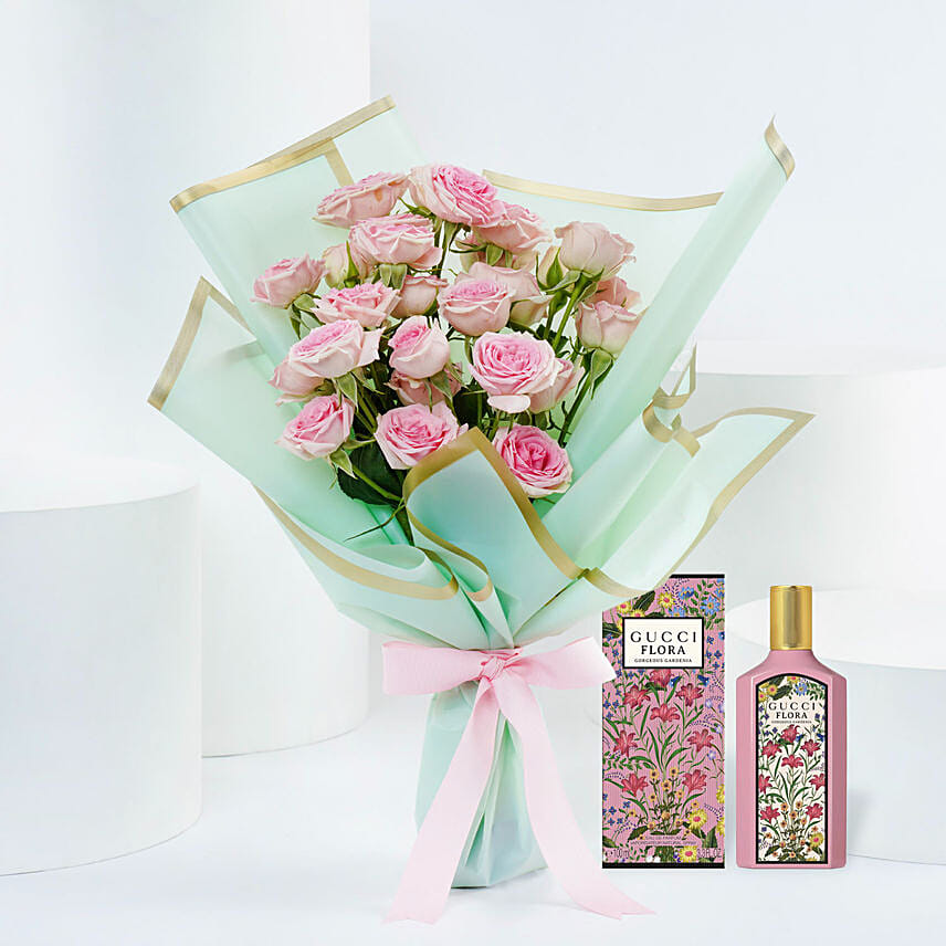 Baby Rose Bouquet With Gucci Flora Baby Rose Bouquet With Gucci Flora: Send Flowers to Qatar