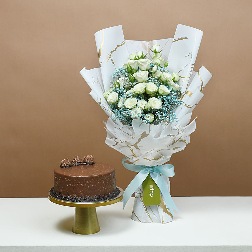 Elegance White Roses Bouquet with Cake: Send Birthday Cakes To Qatar