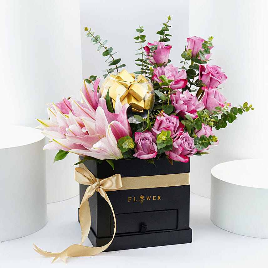Flowers Beauty | Pink Lilies n Chocolates Combo Flowers Beauty | Pink Lilies n Chocolates Combo: توصيل ورد في قطر