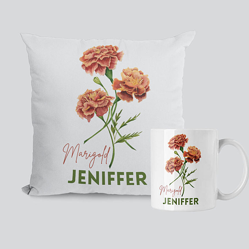 Personalised October Mug And Cushion Orange Marigold Personalised October Mug And Cushion Orange Marigold: Send Personalised Gifts To Qatar