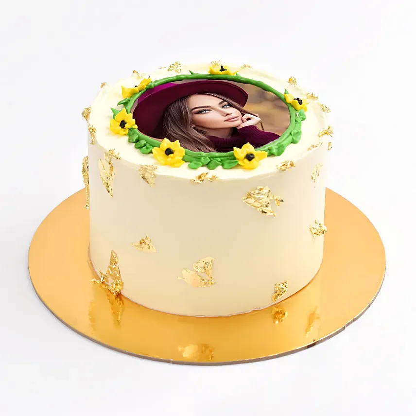 Sun Flower Photo Cake With Golden Leaves Sun Flower Photo Cake With Golden Leaves: