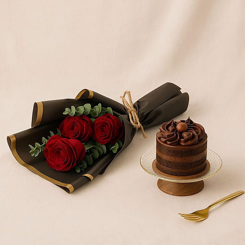 Chocolate Mini Cake N Red Rose Bouquet