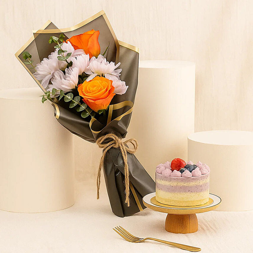 Mini Blueberry Cake N Flower Bouquet Combo