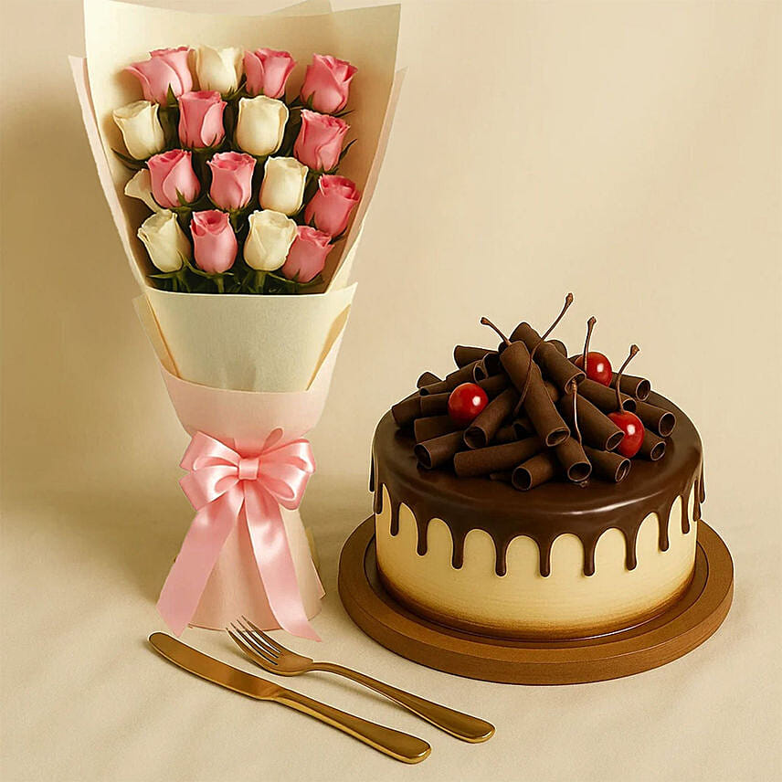 Pink White Roses & Black Forest Cake