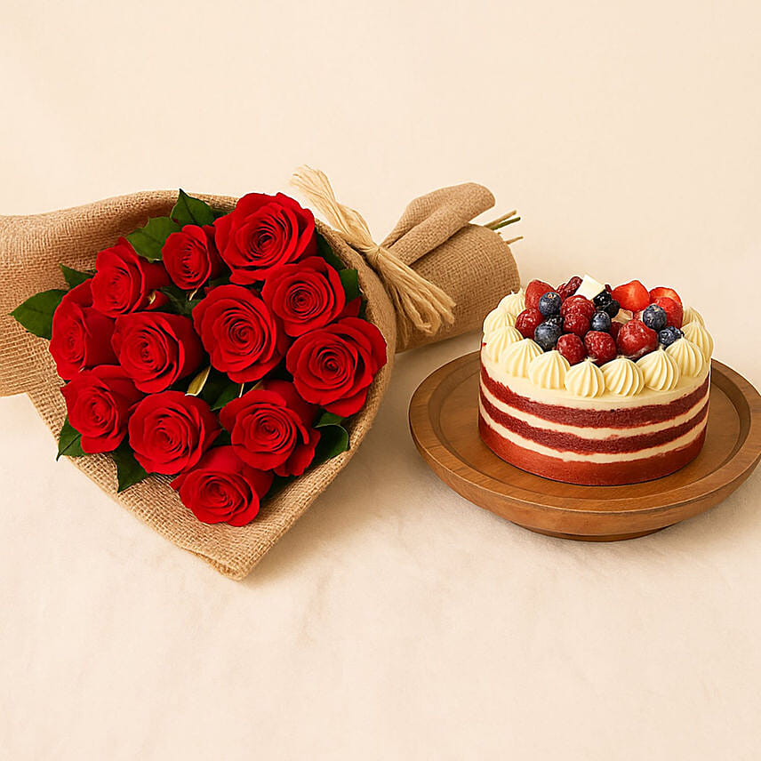 12 Red Roses Bouquet & Half Kg Red Velvet Cake Combo