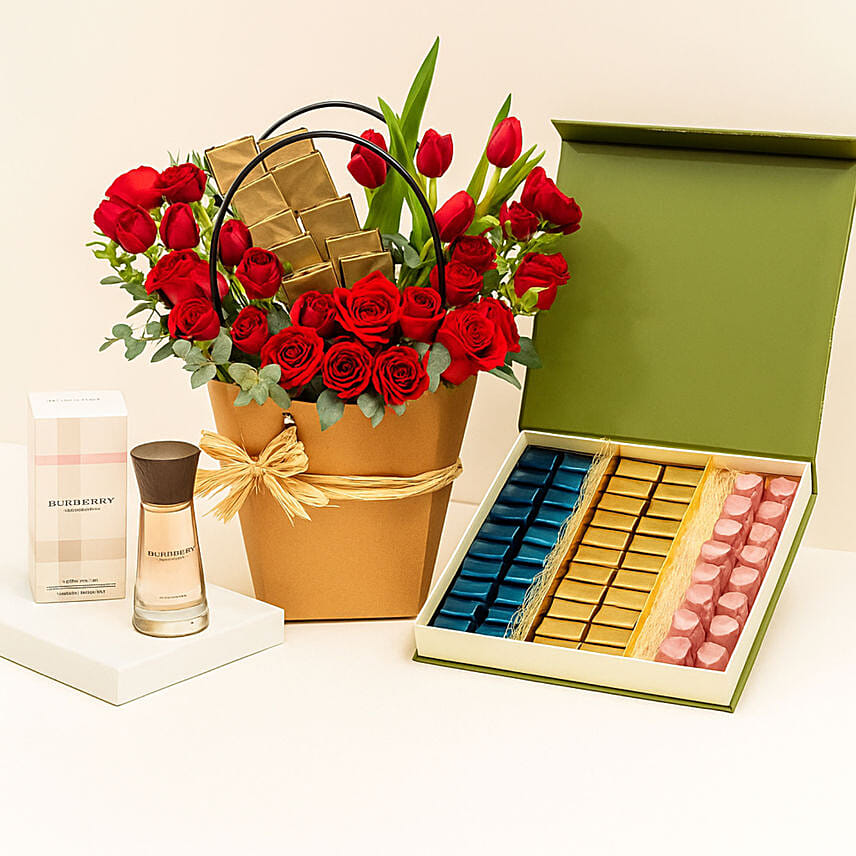 Red Roses Arrangement with Chocolates and Perfume: 