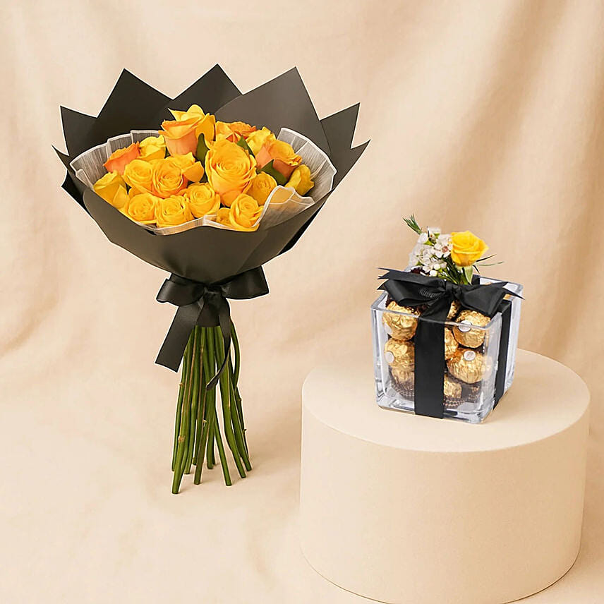 Yellow & Orange Roses Bouquet with Chocolates: شوكولاته فيريروروشيه في قطر