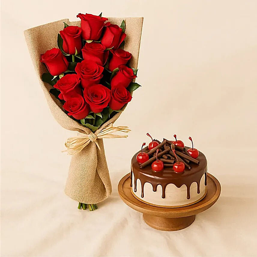 12 Red Roses Bouquet N Black Forest Cake: Send Anniversary Cake To Qatar 