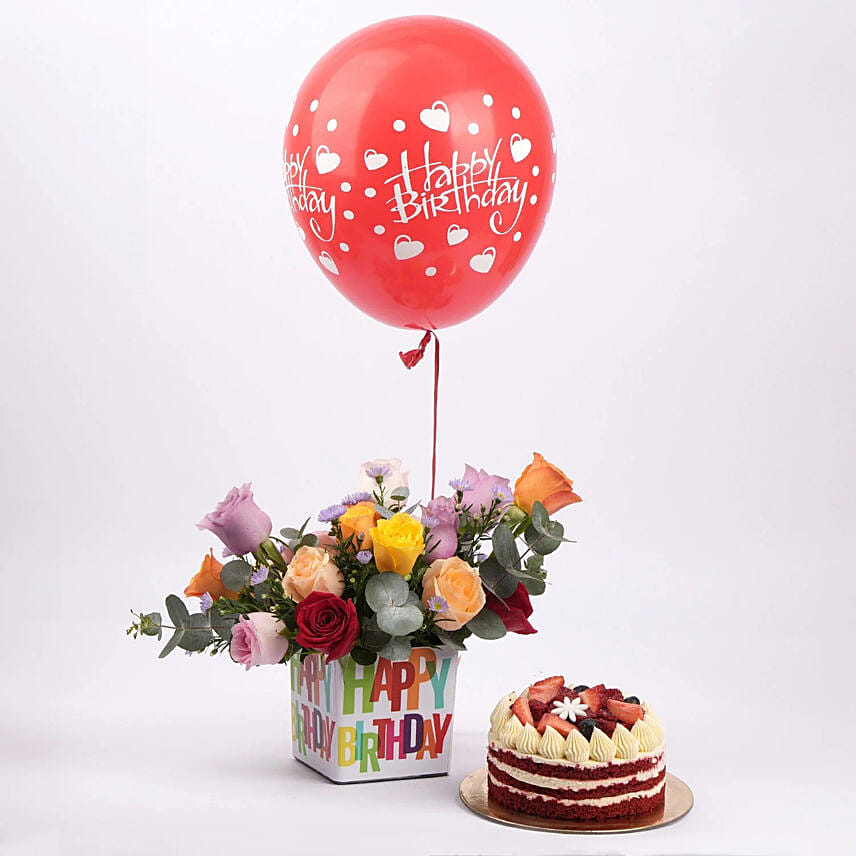 Joyous Birthday Wishes Flowers Vase with Cake N Balloon: 