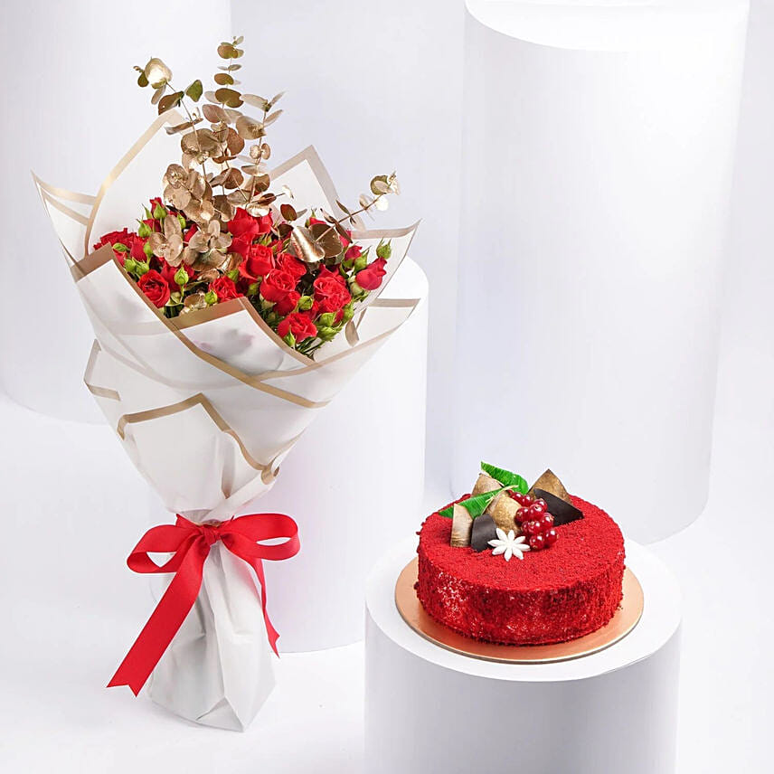 Red Spray Rose & Red Velvet Cake: 