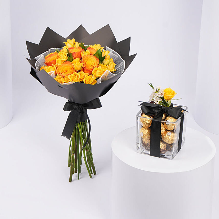 Yellow & Orange Roses Bouquet with Chocolates: 