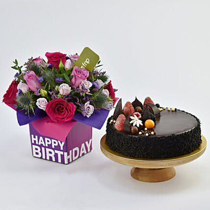 Chocolate Cake With Birthday Flower Arrangement: Send Cakes to Qatar from UAE