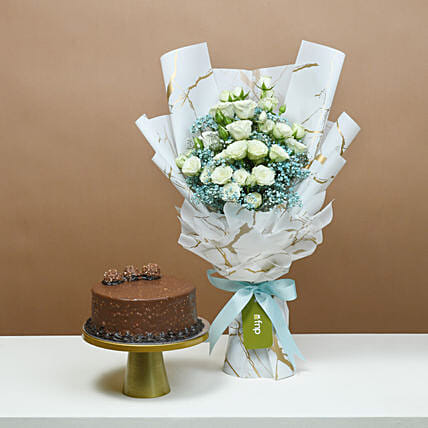 Elegance White Roses Bouquet with Cake: Send Birthday Cakes To Qatar