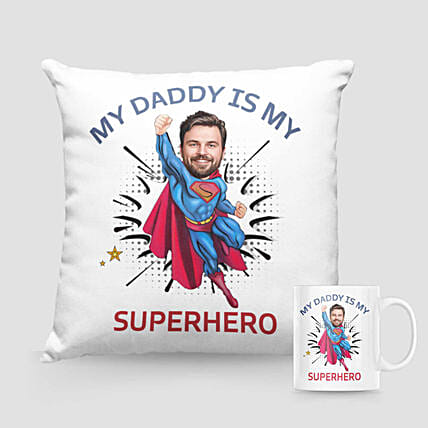 Superhero Caricature Cushion And Mug For Dad: Send Personalised Gifts To Qatar