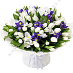 Blue Iris & White Tulips Bouquet- Premium