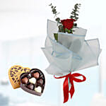 Single Red Rose Blue Wrap & Godiva Chocolates