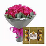 Dark Pink Roses Bunch & Ferrero Rocher 12 Pcs
