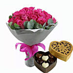 Dark Pink Roses Bunch & Godiva Chocolates 250 gms