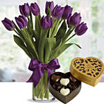 Royal Purple Tulips & Godiva Chocolates 250 gms