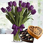 Royal Purple Tulips & Godiva Chocolates 500 gms