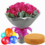 Honey Cake With Roses & Anniversary Balloons