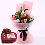 Beautiful Roses Bouquet With Heart Shape Cake