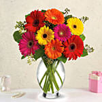 Heavenly Multicoloured Gerberas In Glass Vase