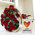 Bouquet of Red Roses & Handmade Anniversary Card