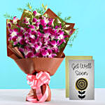 Purple Orchid Bouquet & Handmade Get Well Soon Card
