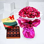 Dark Pink Roses With Godiva Chocolate Box