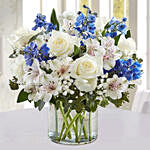 Blue and White Floral Bunch In a Glass Vase