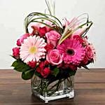 Lovely Roses and Gerbera Arrangement In Glass Vase