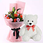 Orange Purple Roses With Teddy Bear 18 Inches